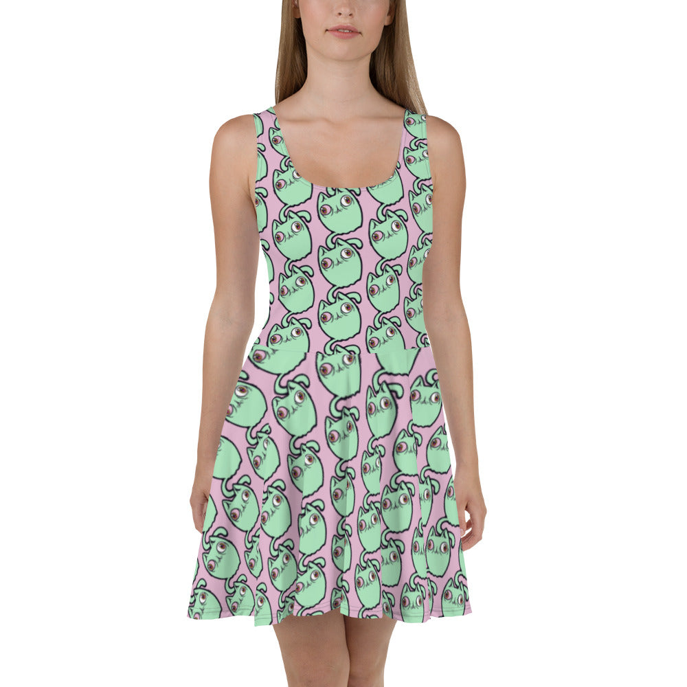 Cat Skater Dress - Soft Pink & Green