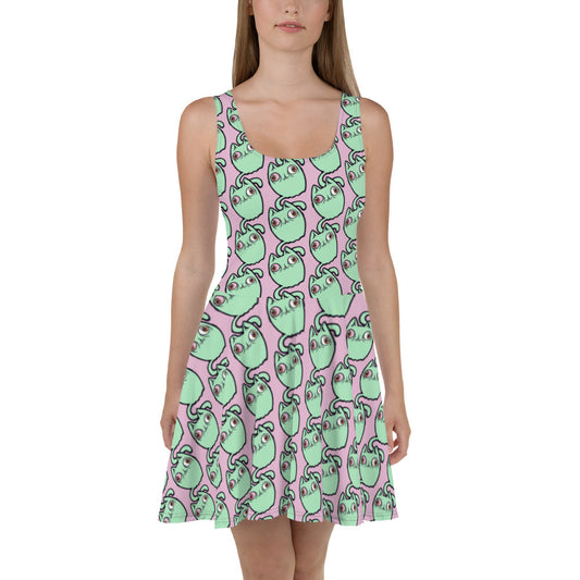 Cat Skater Dress - Soft Pink & Green